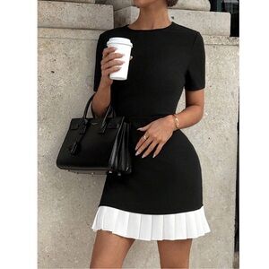 Short Black Dress White Skirt Pleated Trim